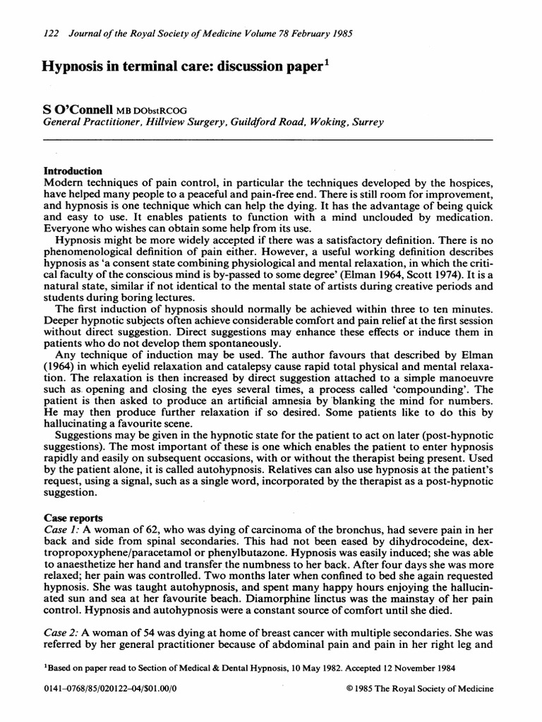 Hypnosis in Terminal Care PDF Hypnosis Pain Management