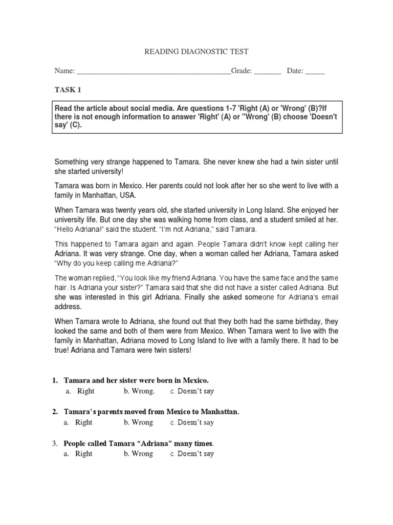 Reading Diagnostic Test PDF