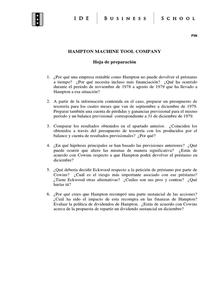 Hampton Machine Tool Company, Hoja de Preparación PDF