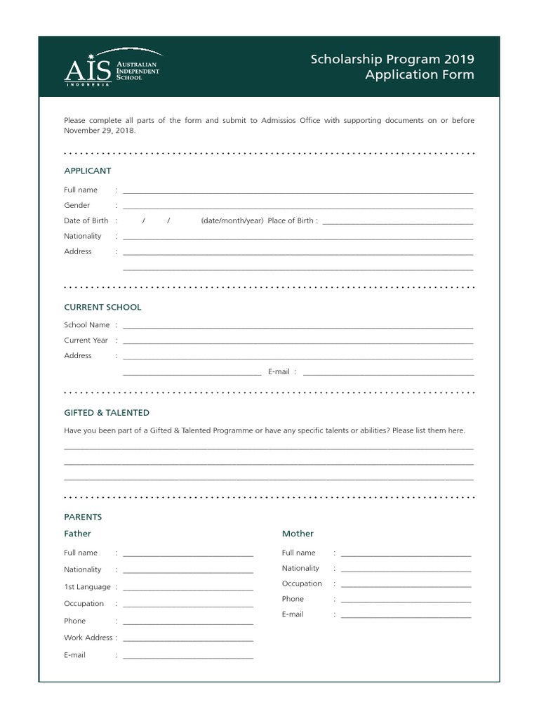 FA 2019 Ais Ib Scholarship Application Form PDF | PDF | University And ...