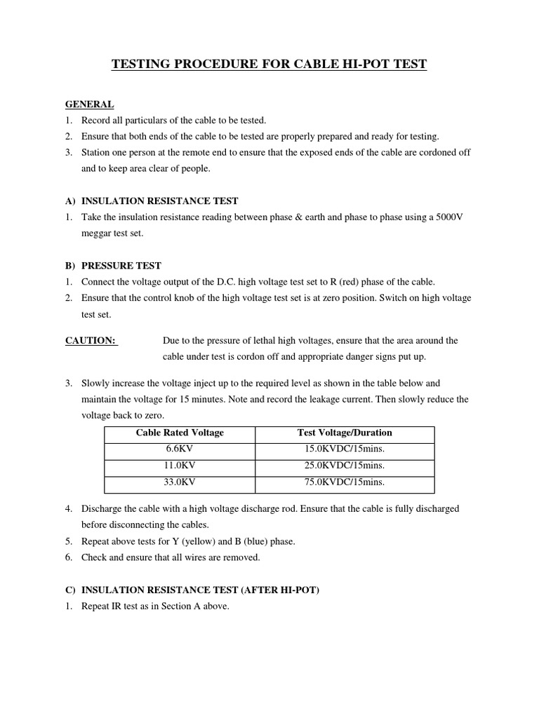 Cable Testing Procedure | PDF