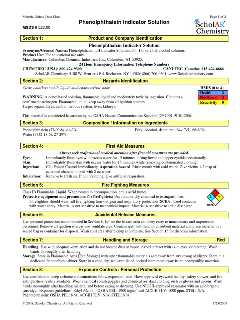 MSDS Sheets - Phenolphthalein - Indicator - Solution - 528 - 00 PDF ...