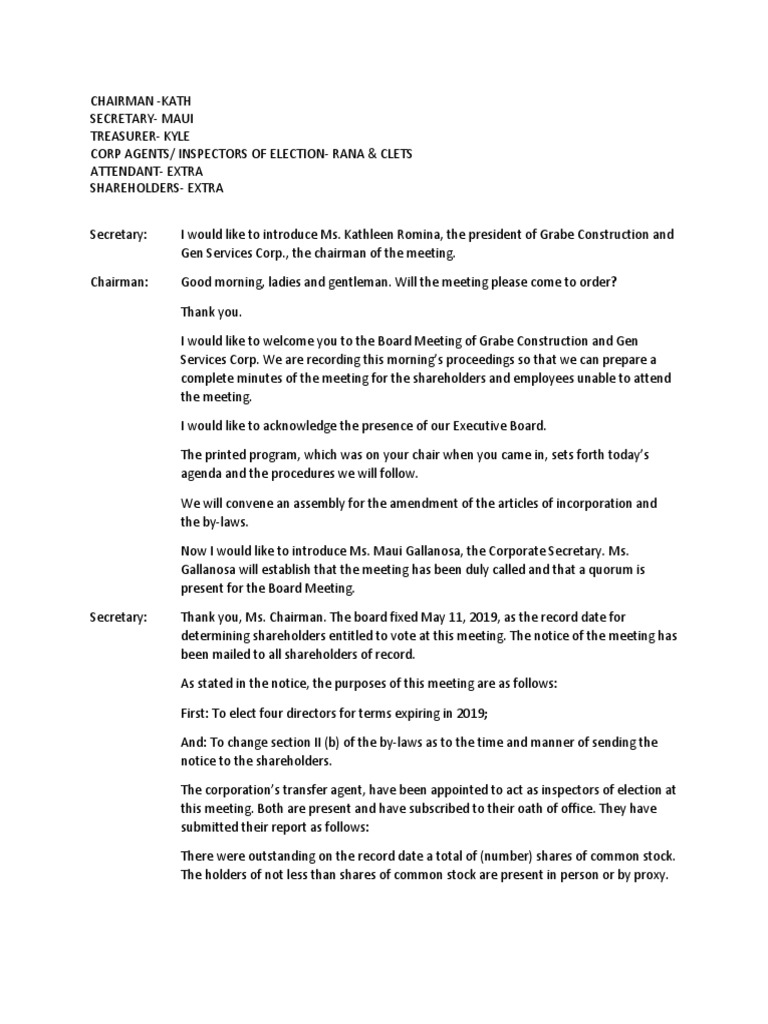 Board Meeting Script Example | PDF | Proxy Voting | Board Of Directors
