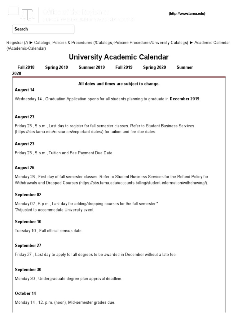 Tamu Academic Calendar Fall 2023 Calendar Academic | Pdf | Academic Term | Educational Institutions
