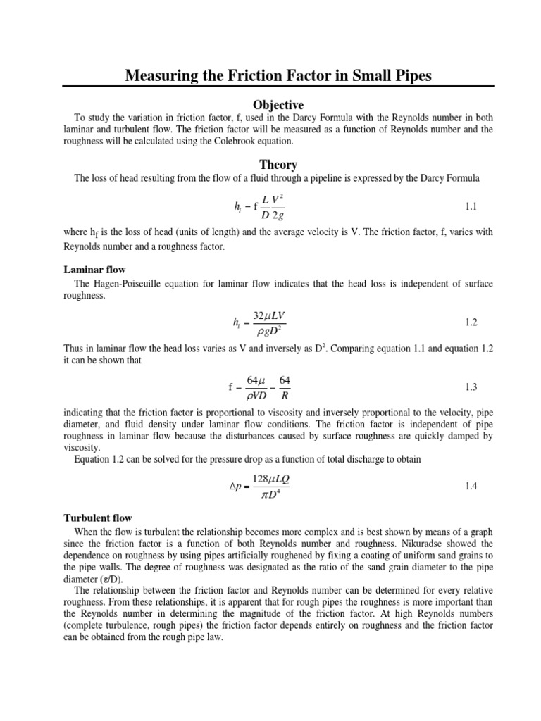 Quantifying Frictional Losses in Pipes Measuring Friction Factor Using