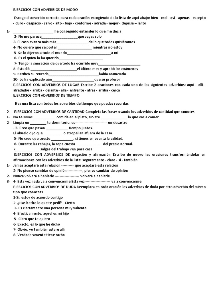 Ejercicios Con Adverbios de Modo Adverbio