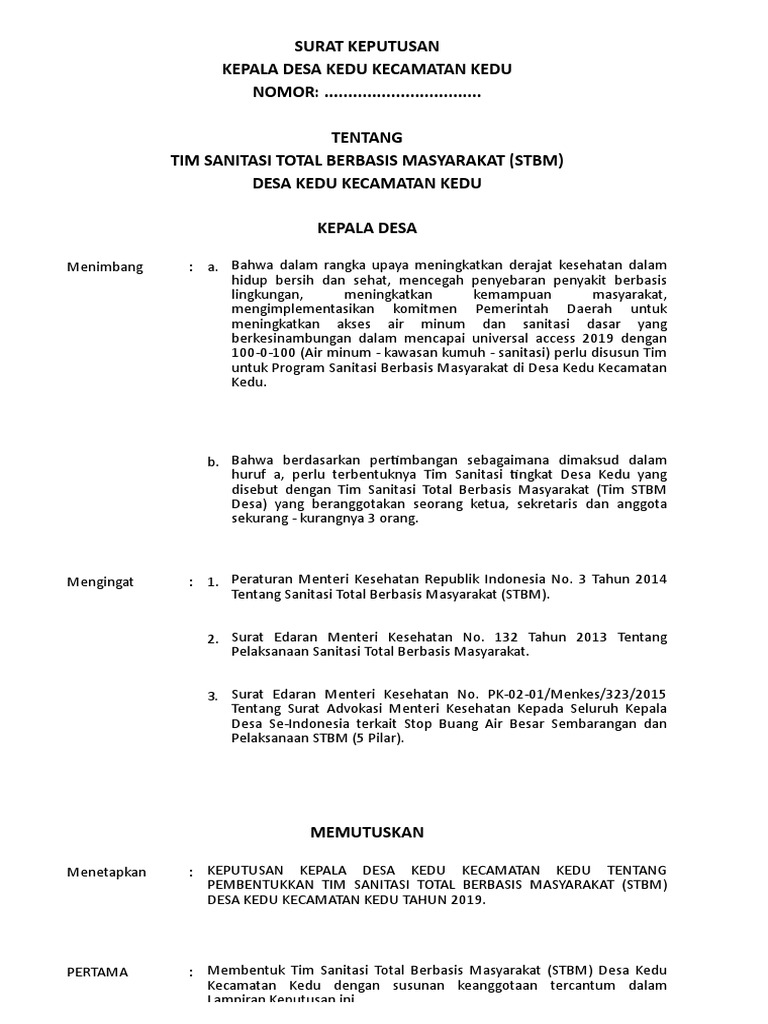 Contoh Sk Tim Stbm Desa Dan Kec Kedu 2018 Pdf