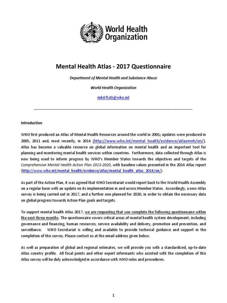 Mental Health Atlas - 2017 Questionnaire: Department of Mental Health ...