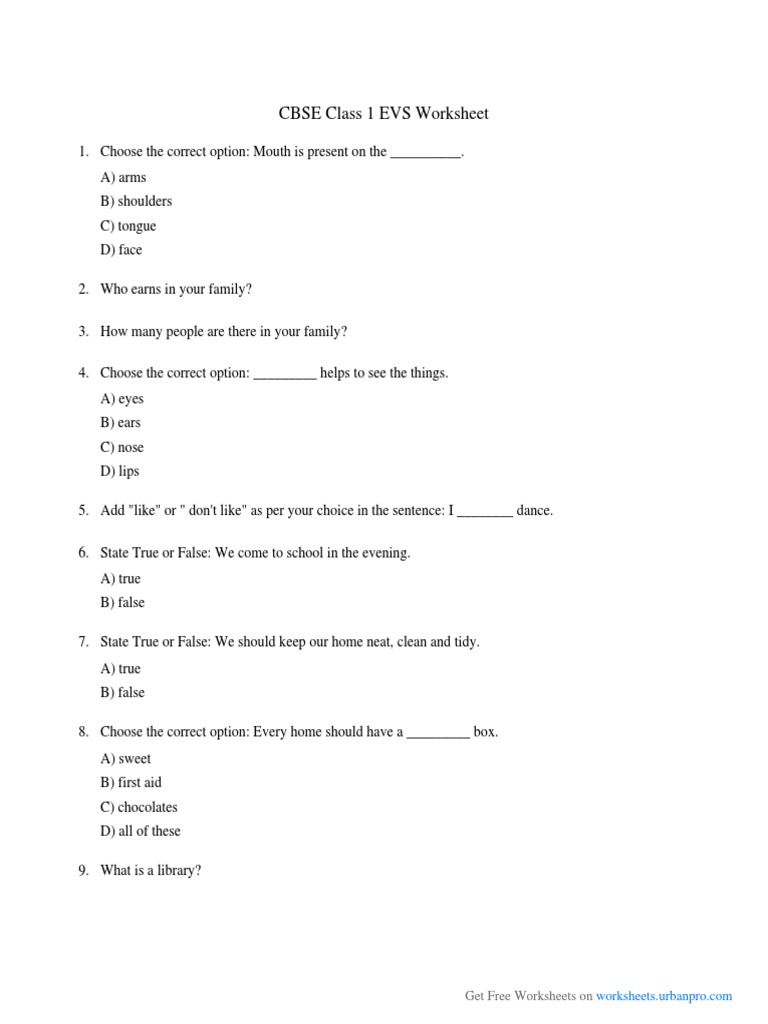 Class 1 EVS Worksheet with Answers | PDF | Leisure