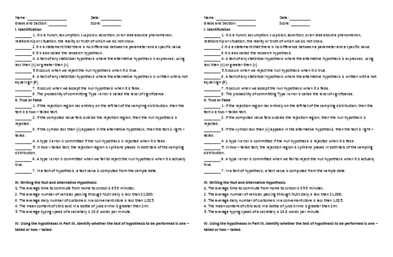 Hypothesis Testing Quiz and Answers | PDF | Type I And Type Ii Errors ...
