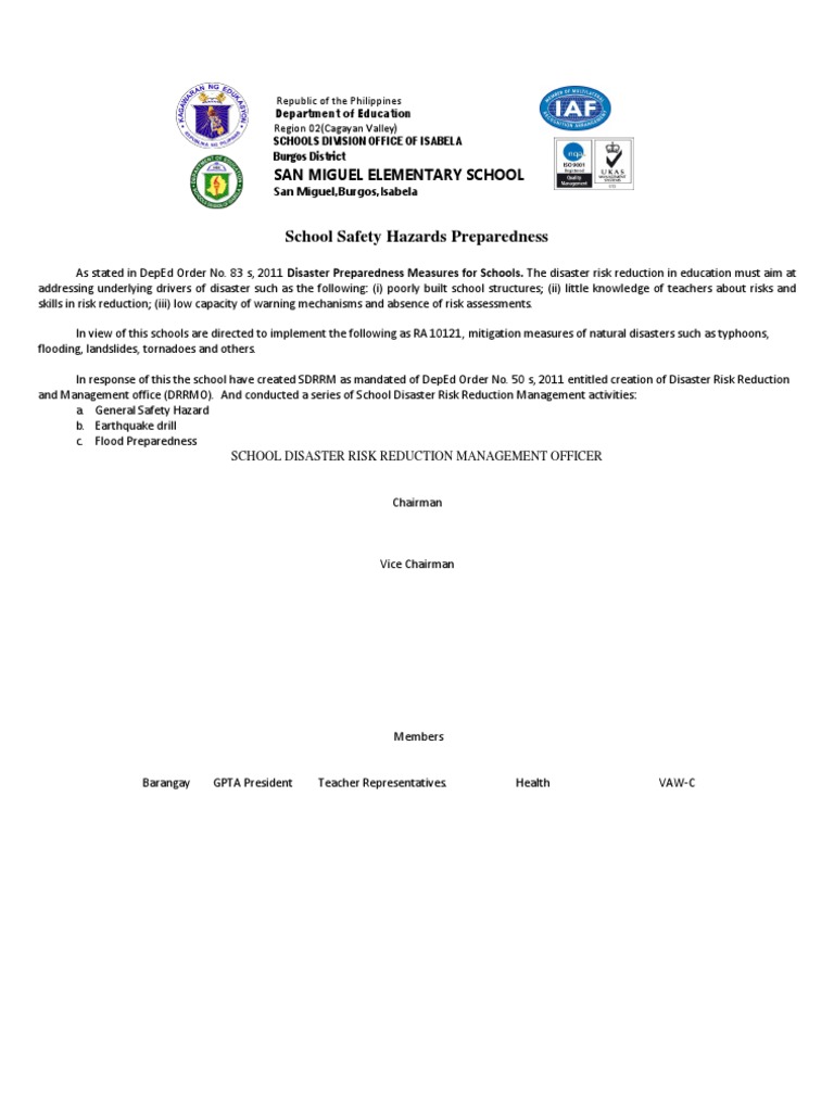 School Safety Hazards Preparedness San Miguel Elementary School PDF