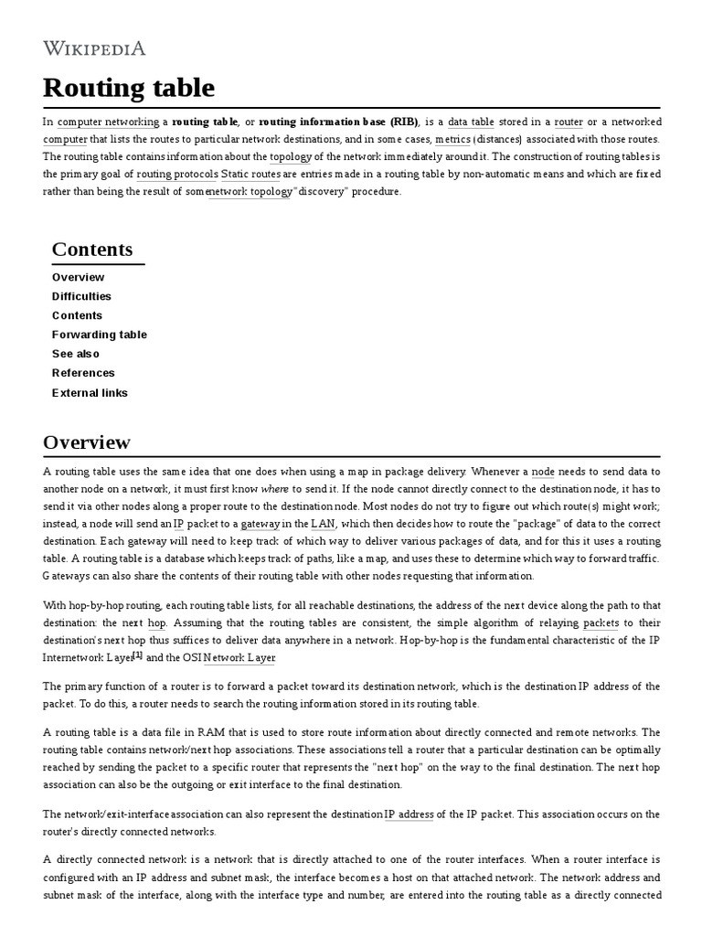 Routing Table: Difficulties Forwarding Table See Also References ...