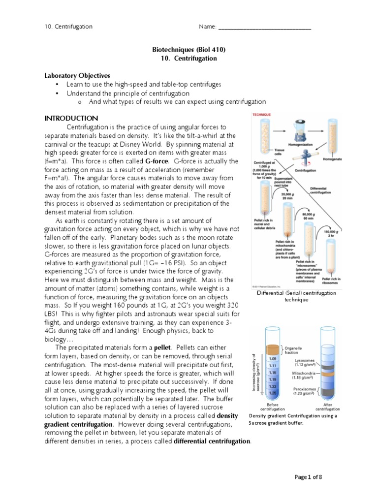 Biotechniques (Biol 410) 10. Centrifugation Laboratory Objectives PDF