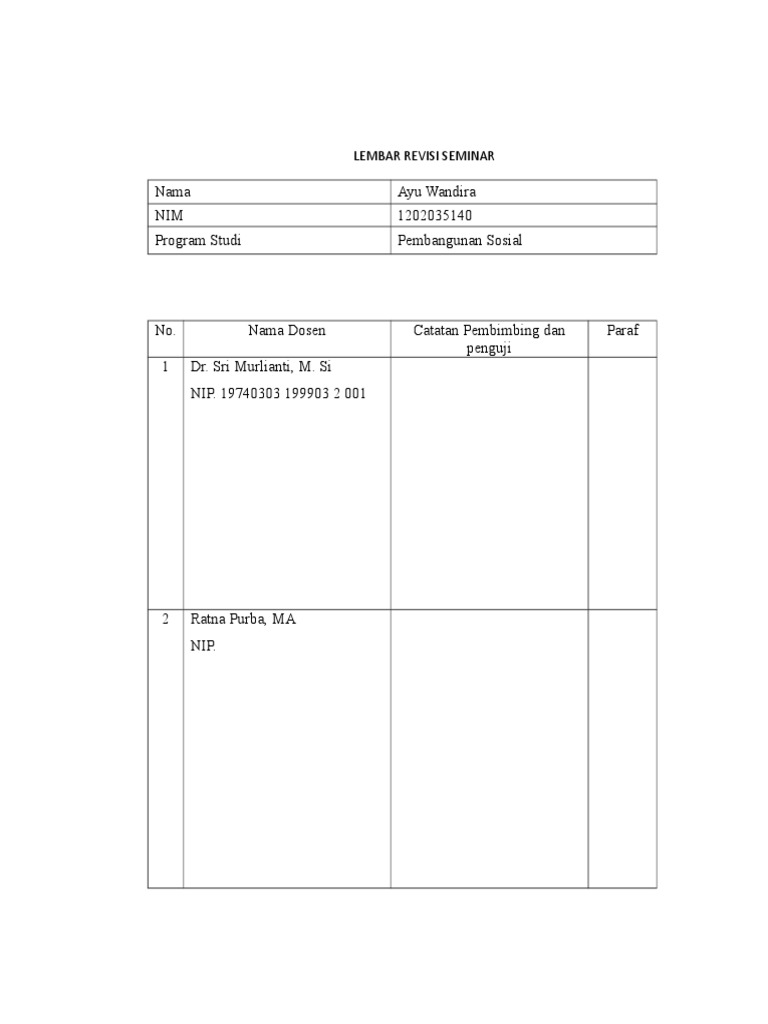 Kartu Revisi Seminar Print | PDF