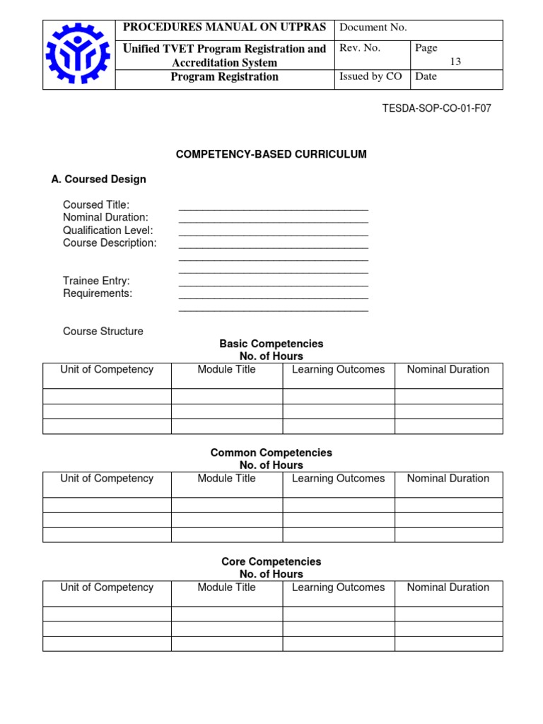 TESDA SOP CO 01 FO7 Competency Based Curriculum | PDF | Curriculum ...