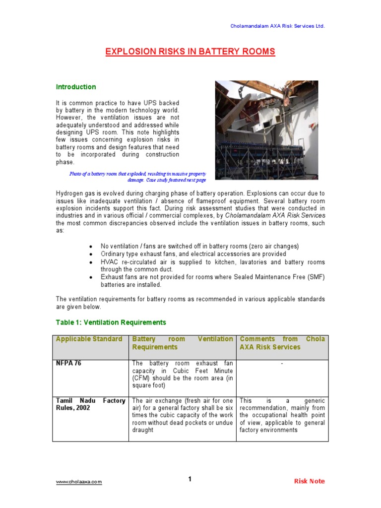 Risk Note On Explosion Risks in Battery Rooms PDF | PDF