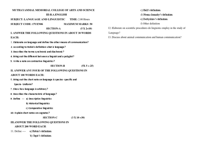 Language and Linguistics Exam Paper | PDF | Language Arts & Discipline