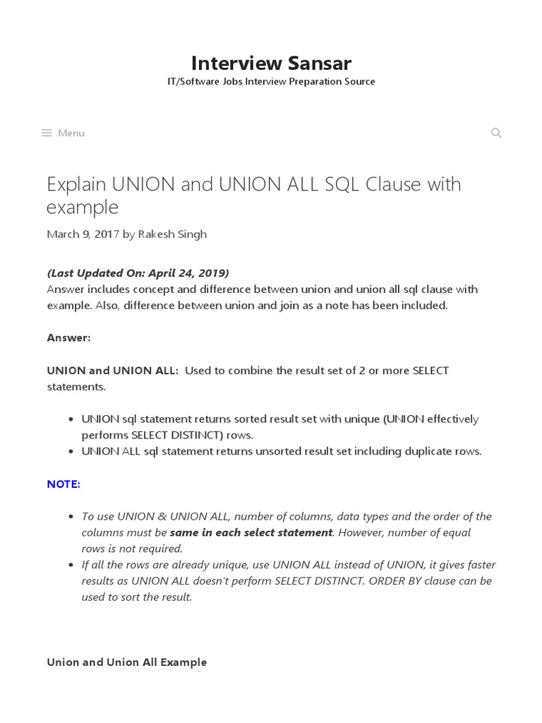 Explain UNION and UNION ALL SQL Clause With Example | PDF | Table ...