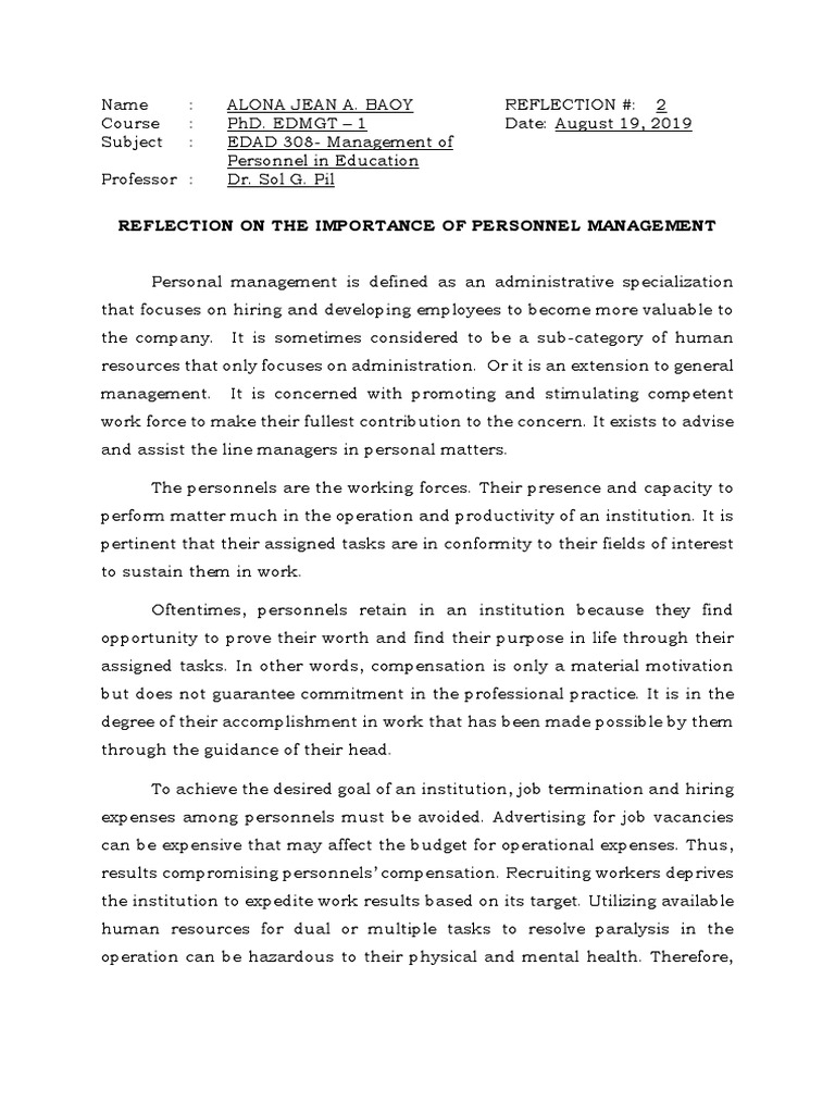 Reflection 2 Importance of Personnel Management | PDF | Employment ...