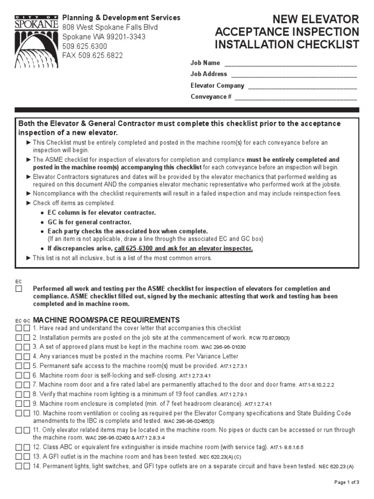 New Elevator Installation Checklist | PDF | Elevator | Fire Sprinkler ...