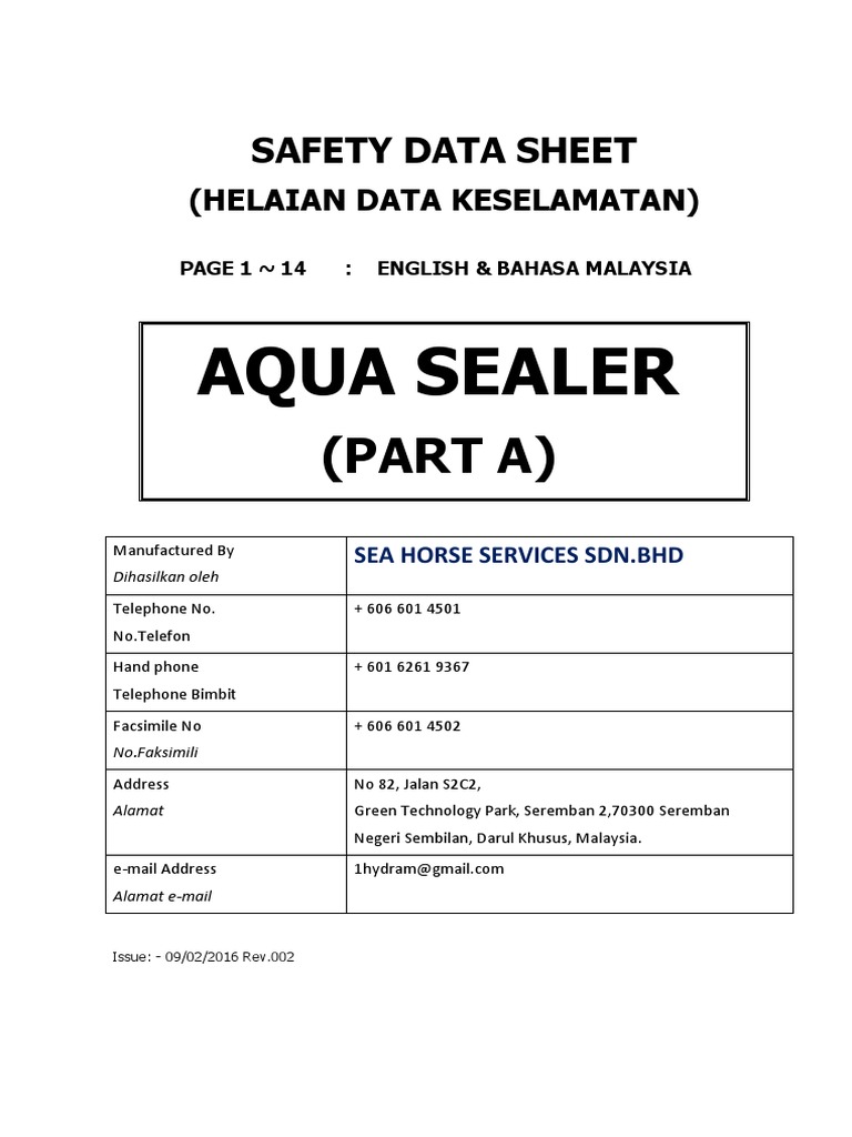 Sds Aqua Sealer Part A (Rev.02) English&Malay PDF Chemistry
