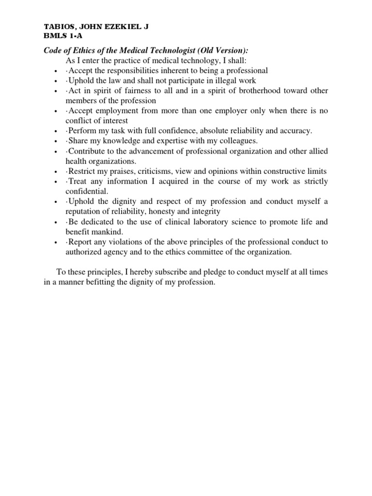 Code of Ethics of The Medical Technologist PDF Dignity Employment