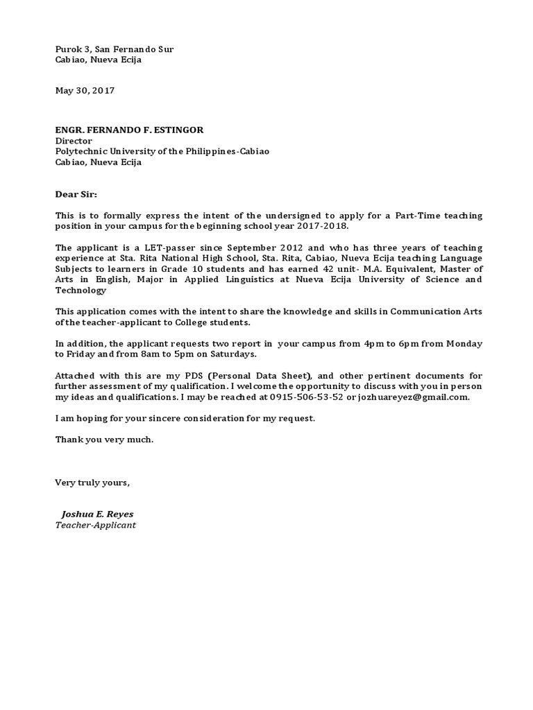 Application for Part-Time Teaching Position | PDF