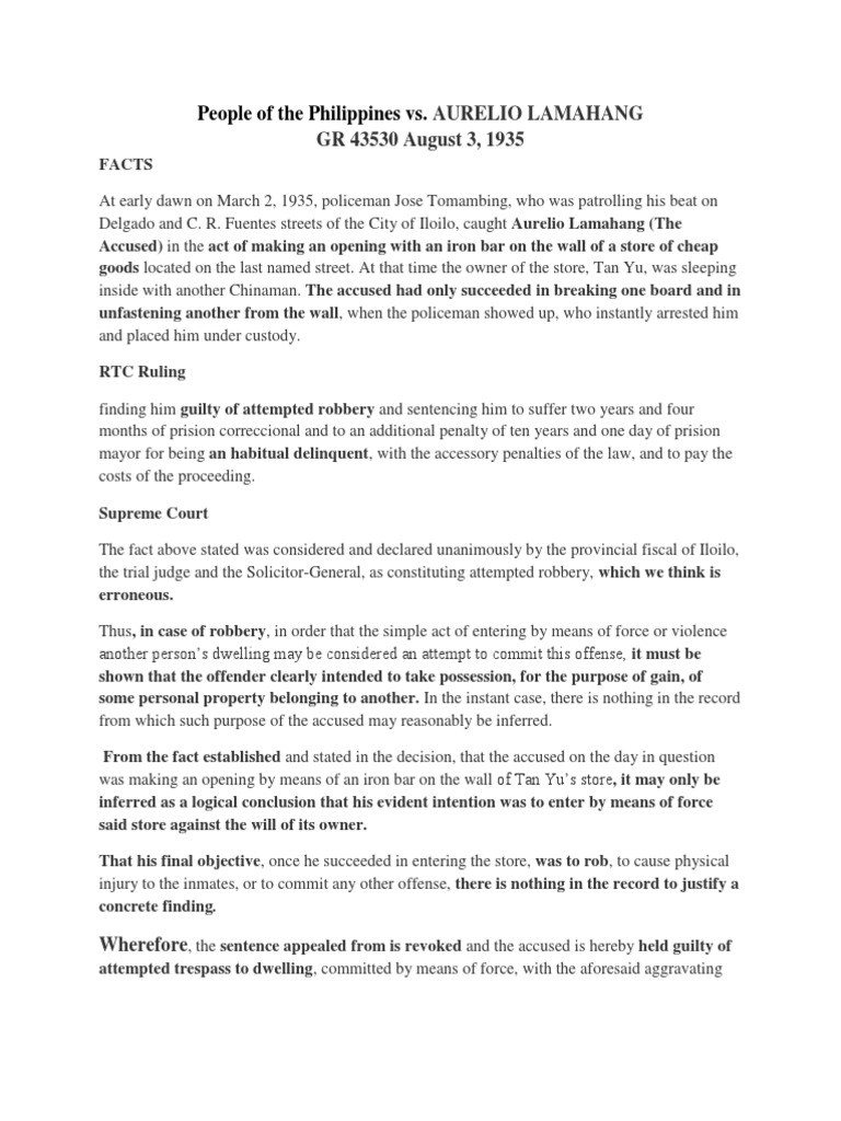 Case Digest of People of the Philippines vs. AURELIO LAMAHANG GR 43530