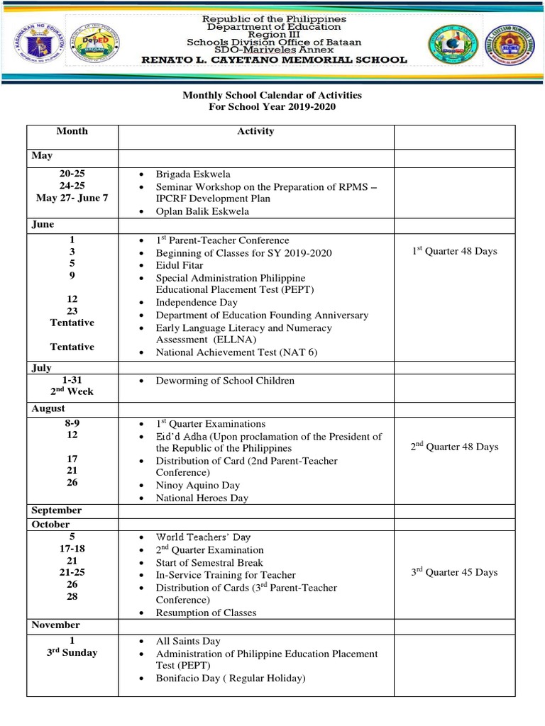 School Calendar 2019 PDF Holidays Philippines