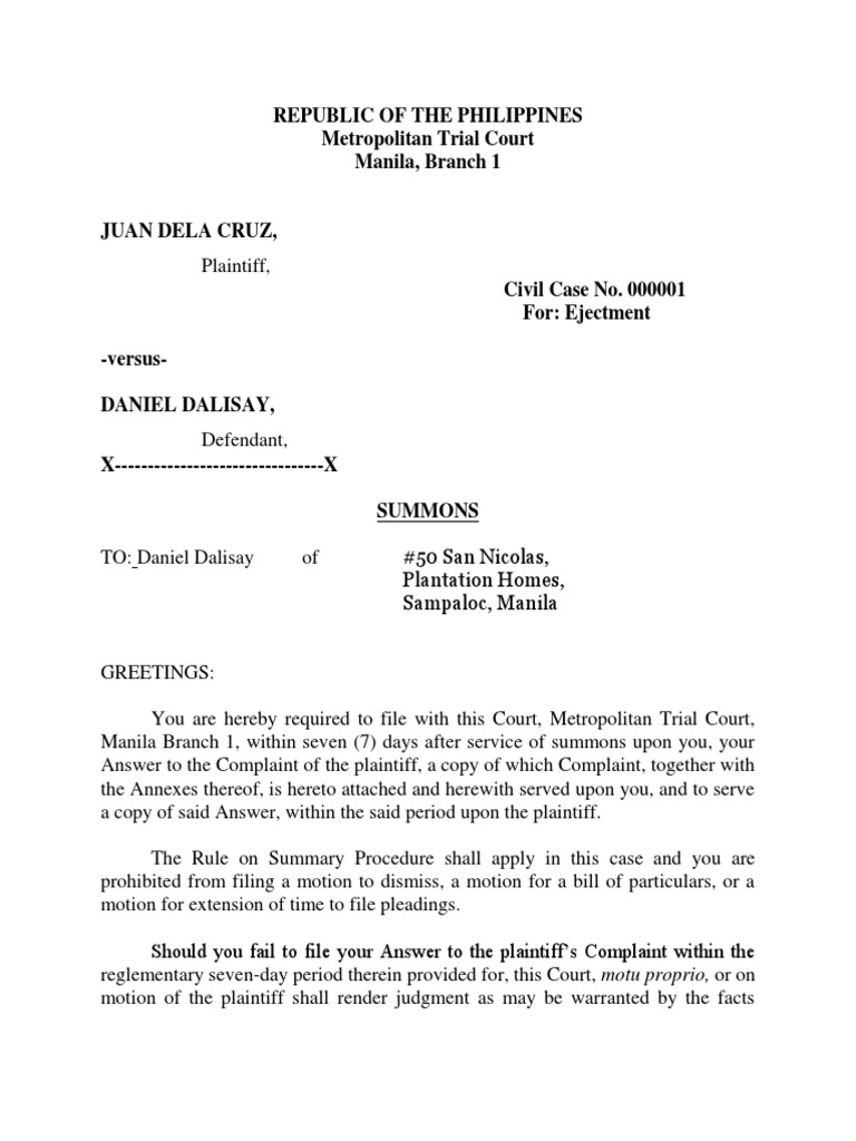 SUMMONS Unlawful Detainer PDF Complaint Civil Law Law)