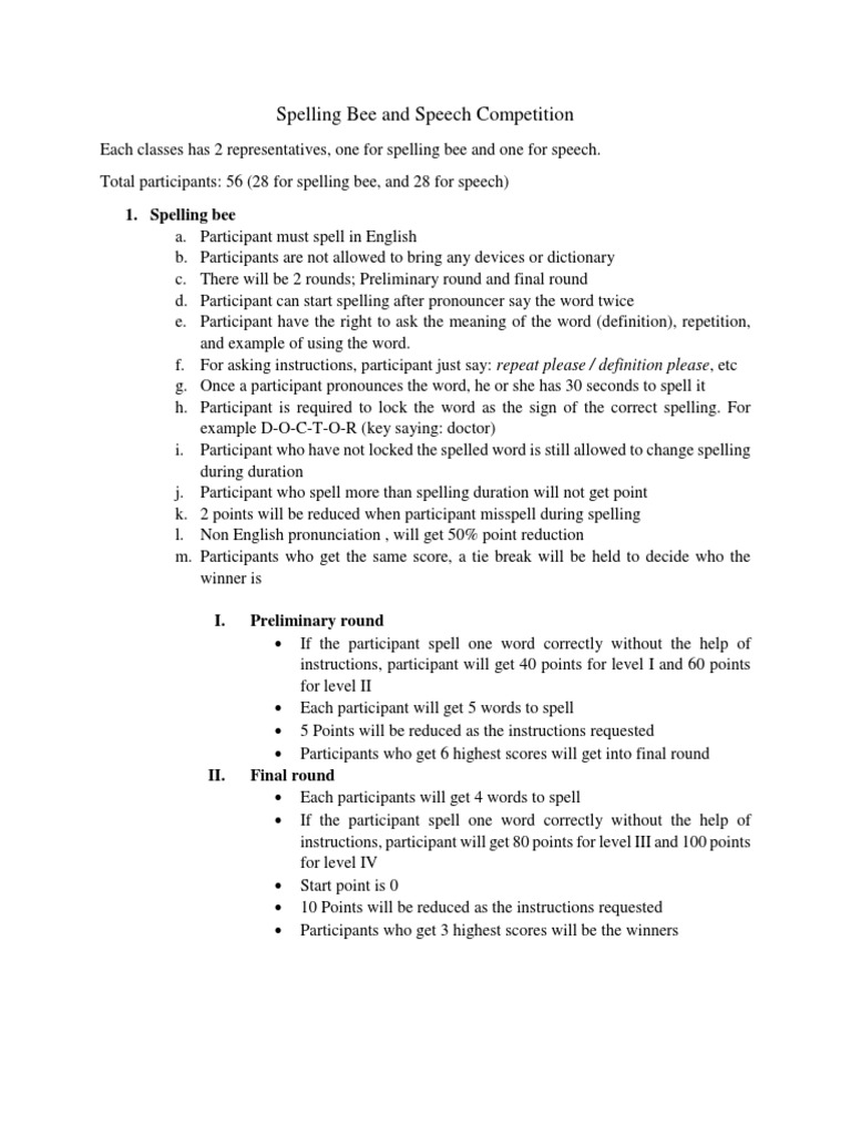 Spelling Bee and Speech Competition Guide | PDF | Spelling | Speech