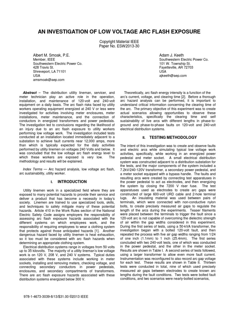 An Investigation of Low Voltage Arc Flash Exposure | PDF | Electric Arc ...