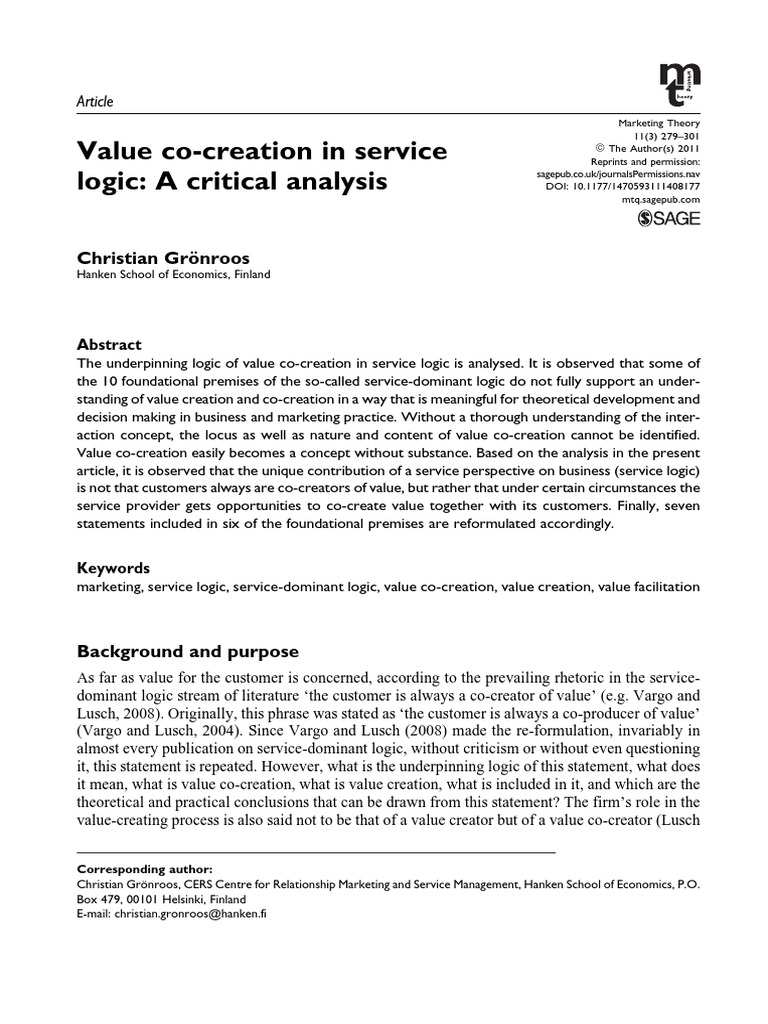 Analyzing Value Co-Creation in Service Logic | PDF | Resource | Logic