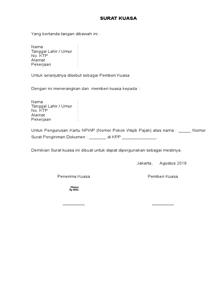 Contoh Surat Kuasa Pembuatan Npwp Contoh Surat Terlengkap