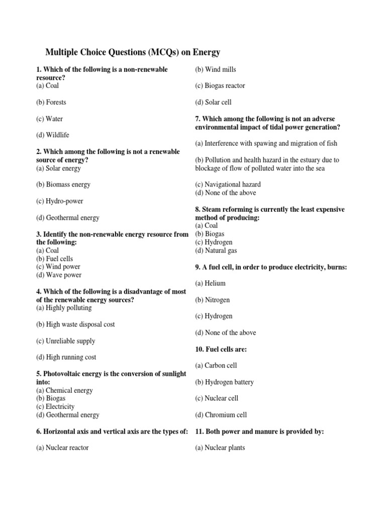 Multiple Choice Questions (MCQS) On Energy PDF Fuels Energy