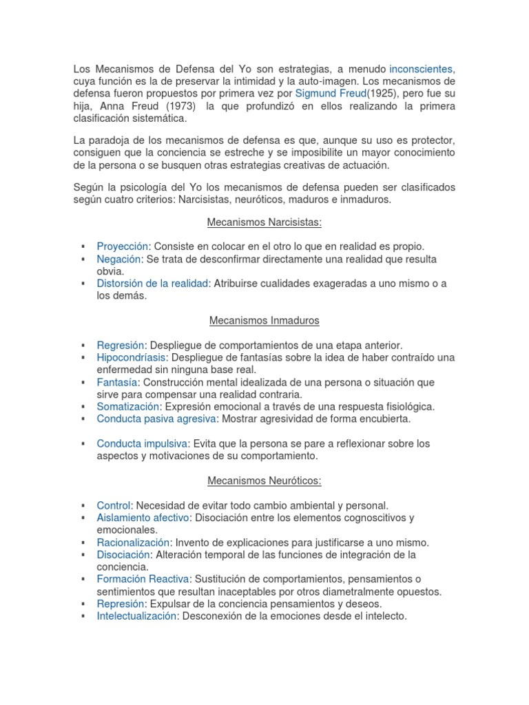 Mecanismos de Defensa del Yo en Psicología | PDF | Mecanismos de ...