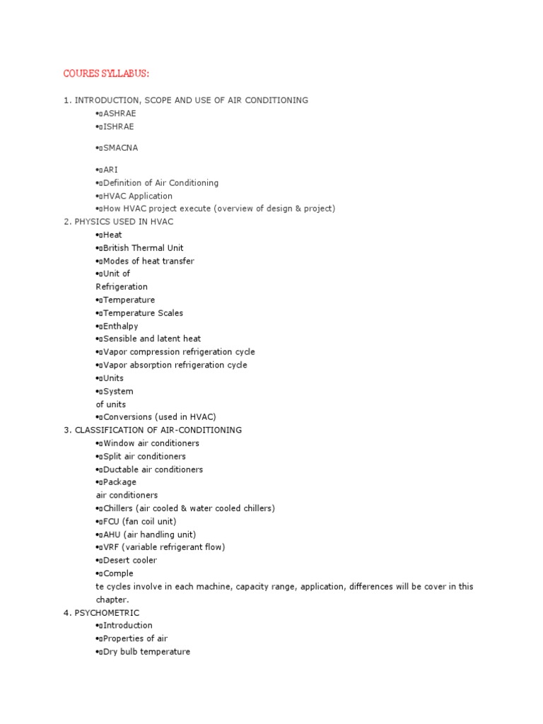 Hvac Syllabus PDF Air Conditioning Duct (Flow)
