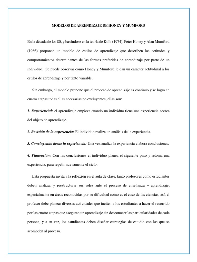 Estilos de Aprendizaje de Honey y Mumford | PDF | Aprendiendo estilos ...