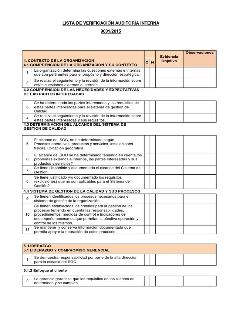 Lista De Verificación Auditoría Interna 90012015 Calidad Comercial