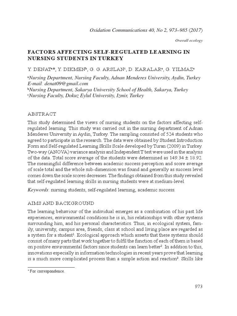 Factors Affecting Self-Regulated Learning in Nursing Students in Turkey ...