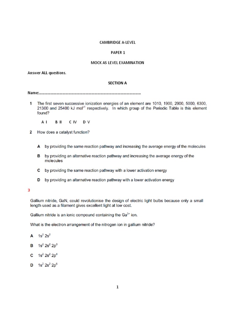 Cambridge A-Level Paper 1 Mock As Level Examination Answer ALL ...