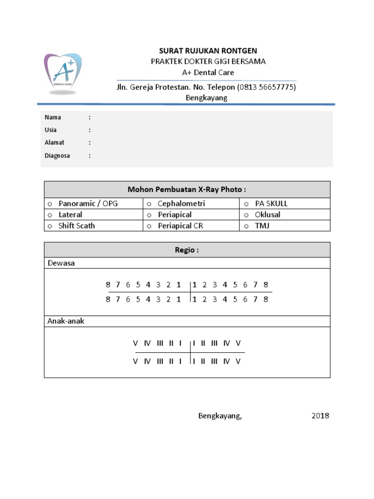 Surat Rujukan Rontgen Gigi A+ Dental Care | PDF | Sains & Matematika