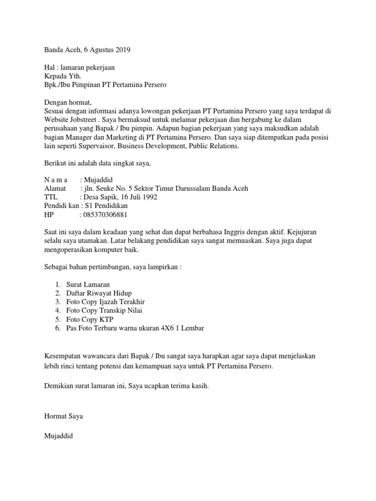Surat Lamaran Kerja Pertamina Pdf
