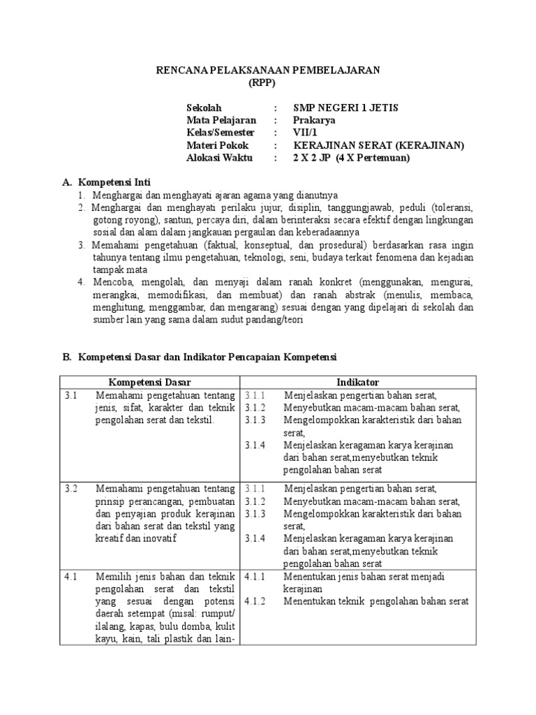 Rpp Prakarya Kelas Vii Semseter 1 Kerajinan Pdf