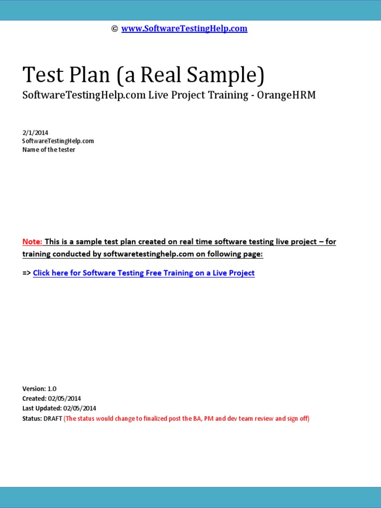This Is A Sample Test Plan Created On Real Time Software Testing Live ...