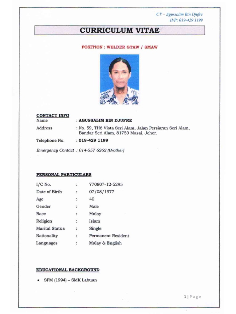 Welder CV Agus Salim | PDF