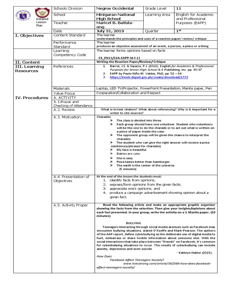 Grade 11 EAPP Lesson Plan: Reaction Paper | PDF | Cyberbullying ...