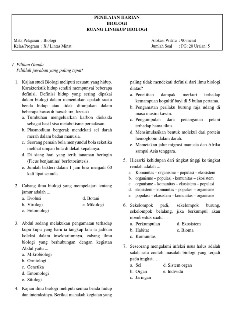 Penilaian Harian Kd 3 2 Biologi Kelas X Pdf