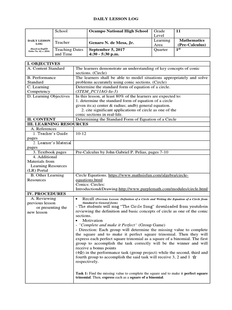 Circle Equation Lesson Plan for Grade 11 | PDF | Circle | Equations