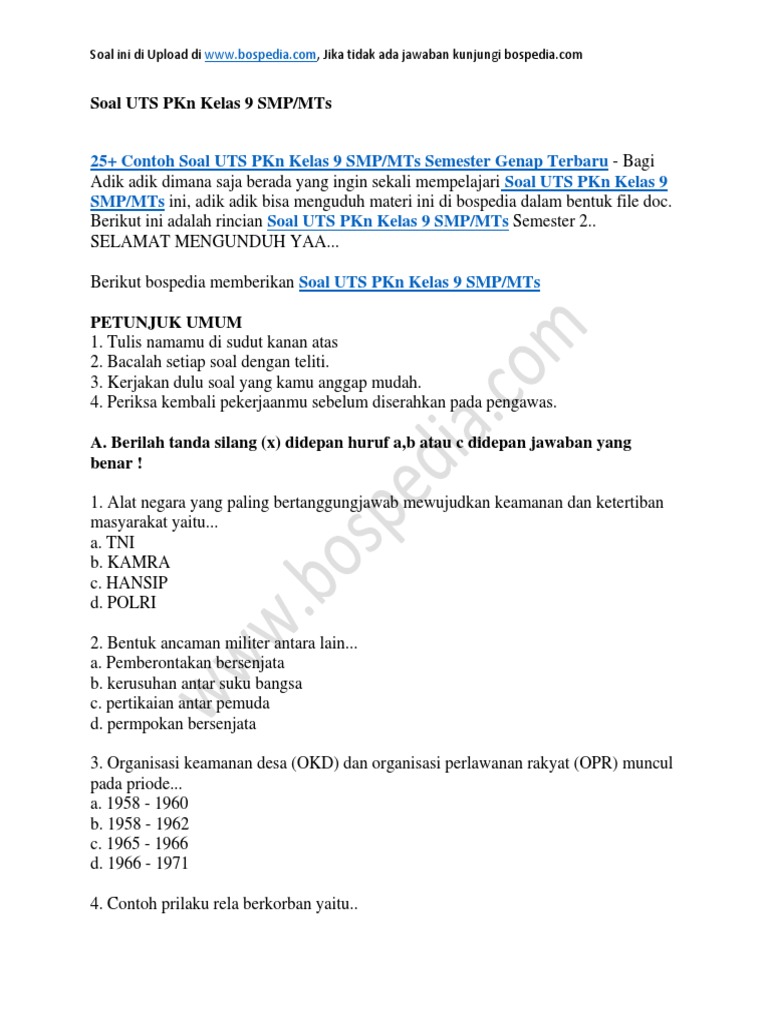 25 Contoh Soal Uts Pkn Kelas 9 Smp Mts Semester Genap 1 Docx